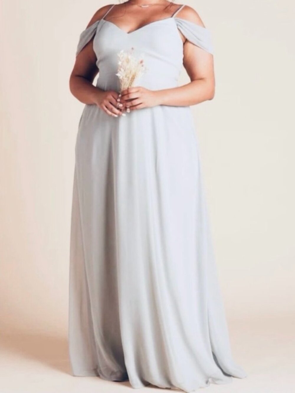 Birdy Grey Light Gray Off-Shoulder Maxi Dress